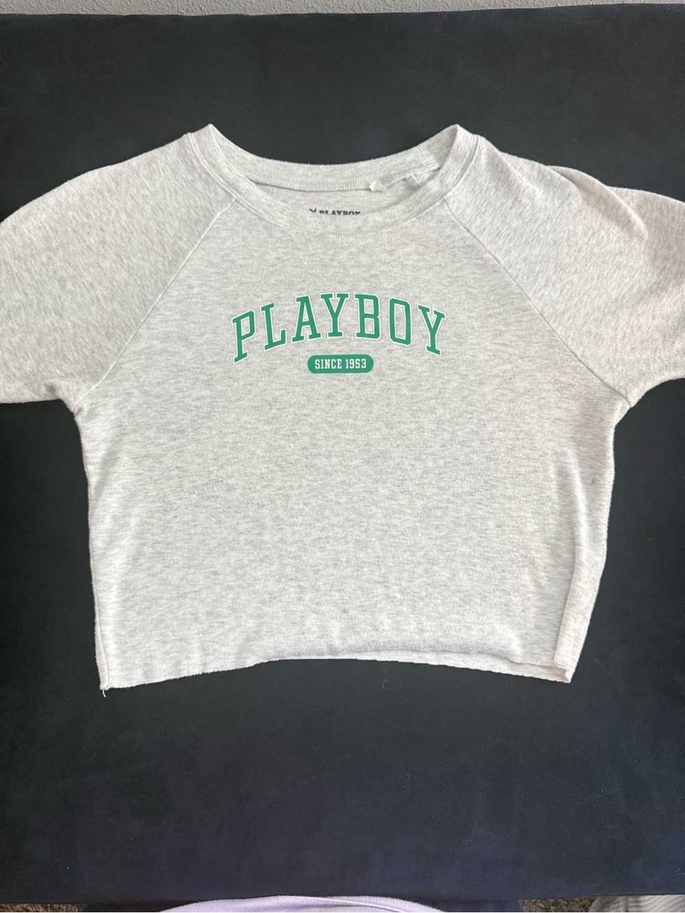 Playboy Light Gray Cropped Sweatshirt with Green Logo